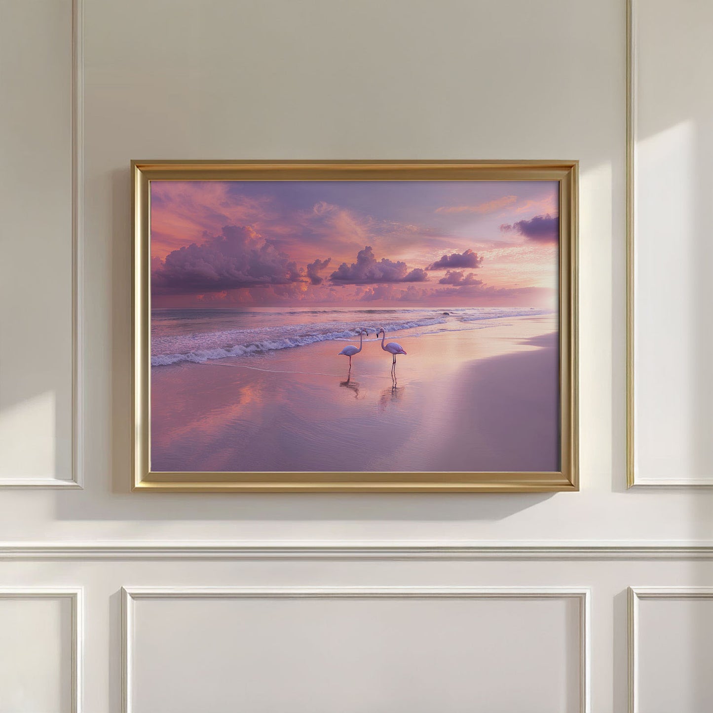 Pink Sunset Flamingo Beach, Horizontal, Wall Art