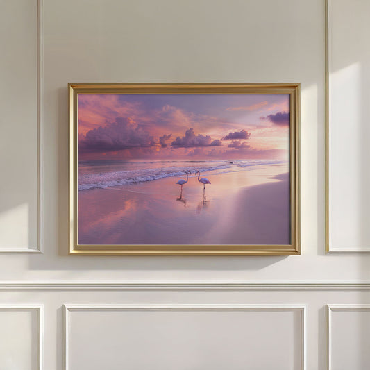 Pink Sunset Flamingo Beach, Horizontal, Wall Art