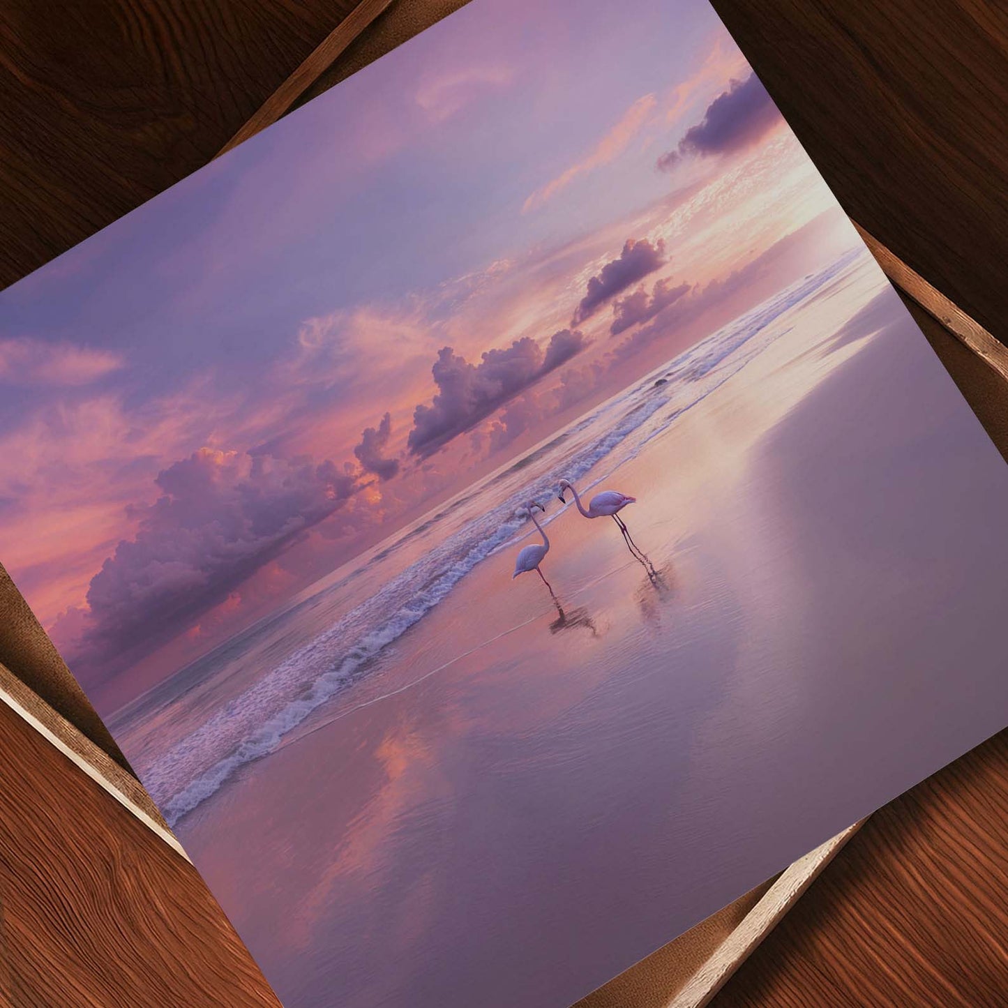 Pink Sunset Flamingo Beach, Square, Art Print