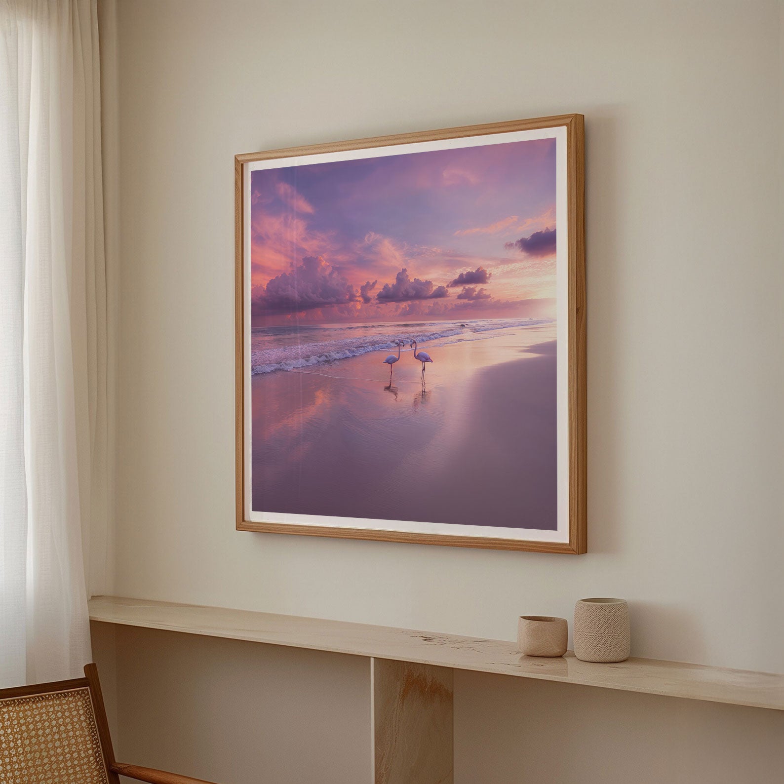 Pink Sunset Flamingo Beach, Square, Framed Art