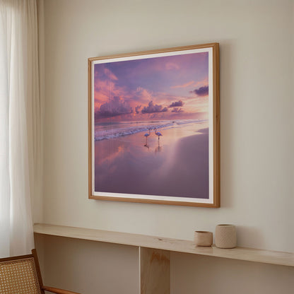 Pink Sunset Flamingo Beach, Square, Framed Art