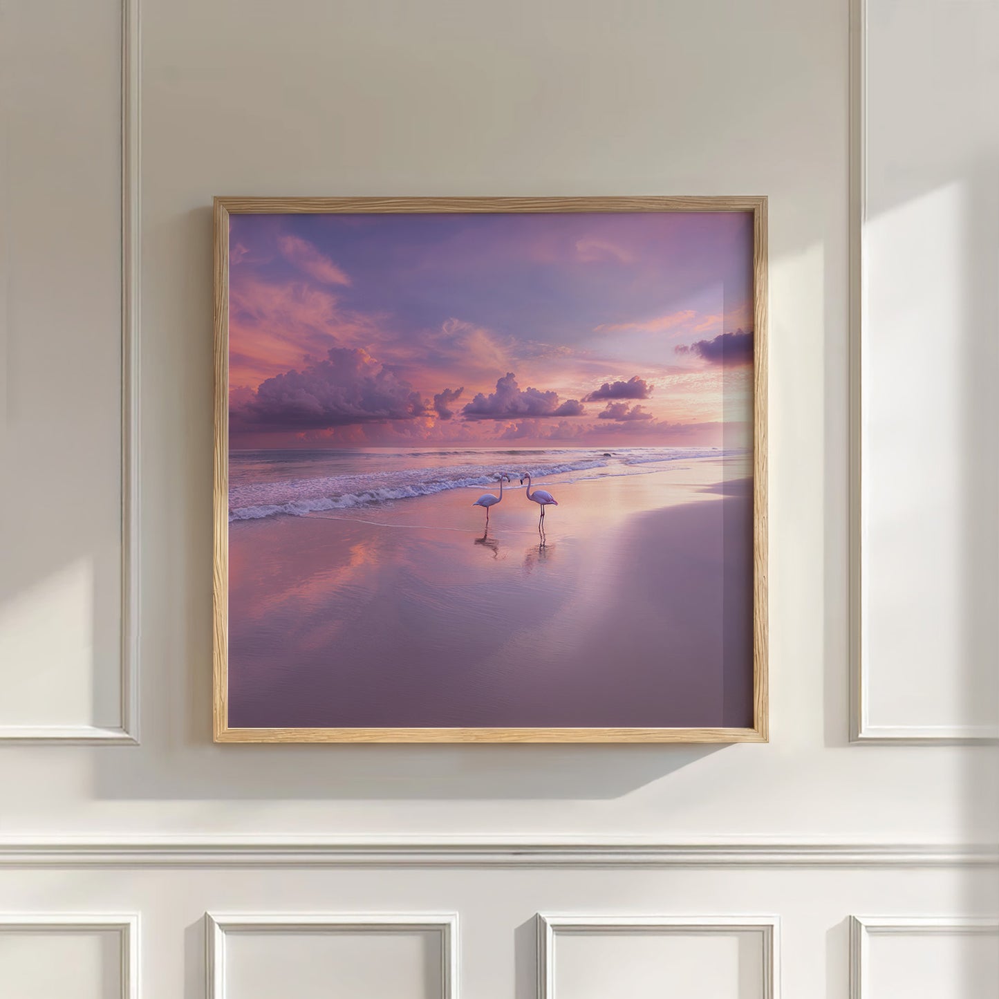 Pink Sunset Flamingo Beach, Square, Wall Art
