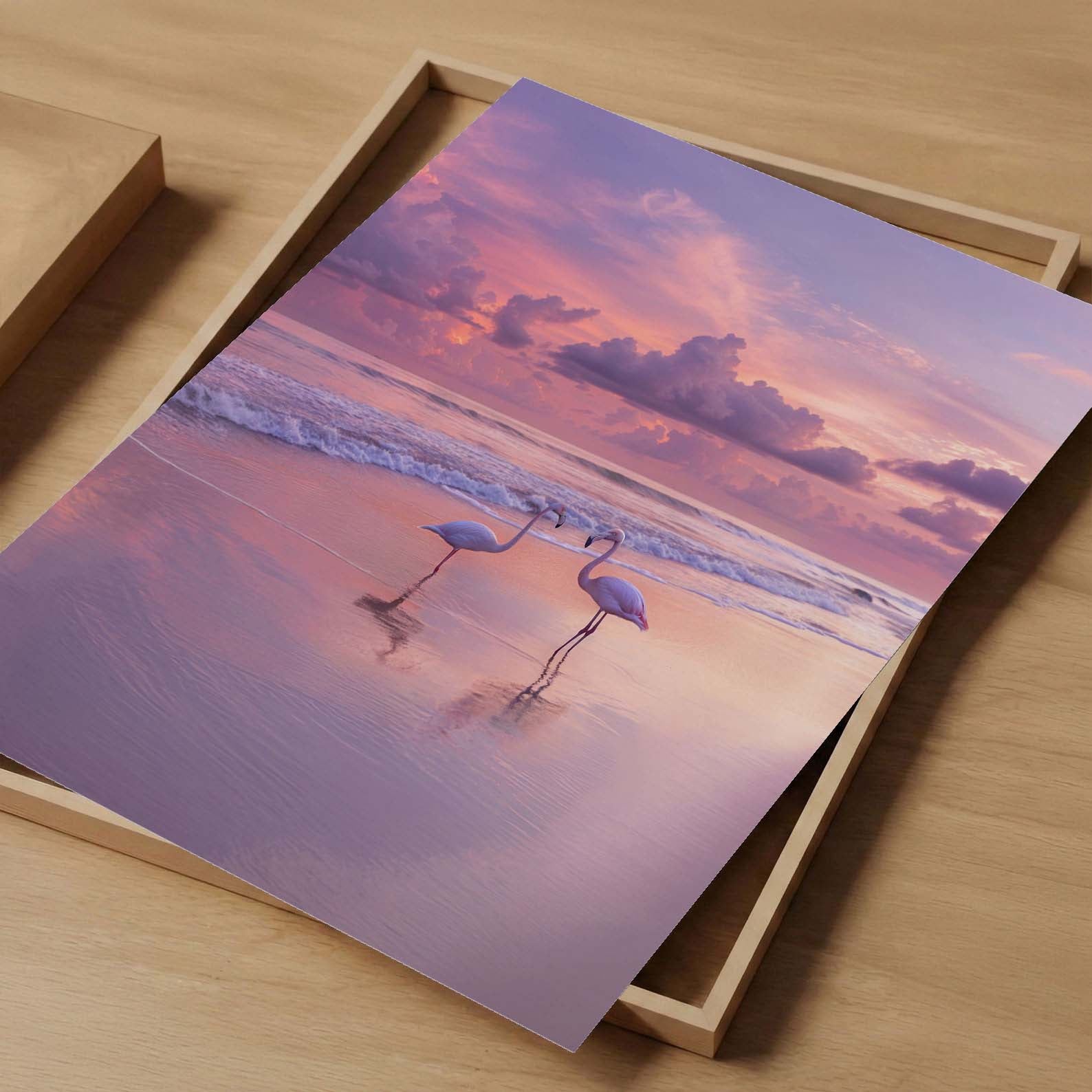 Pink Sunset Flamingo Beach, Vertical, Art Print