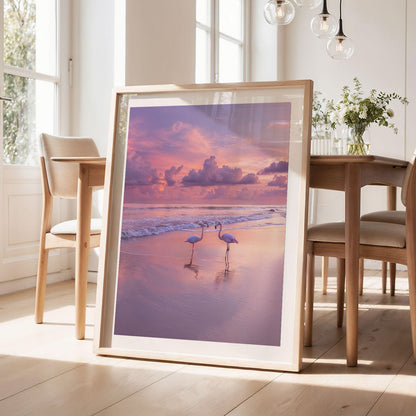 Pink Sunset Flamingo Beach, Vertical, Framed Art