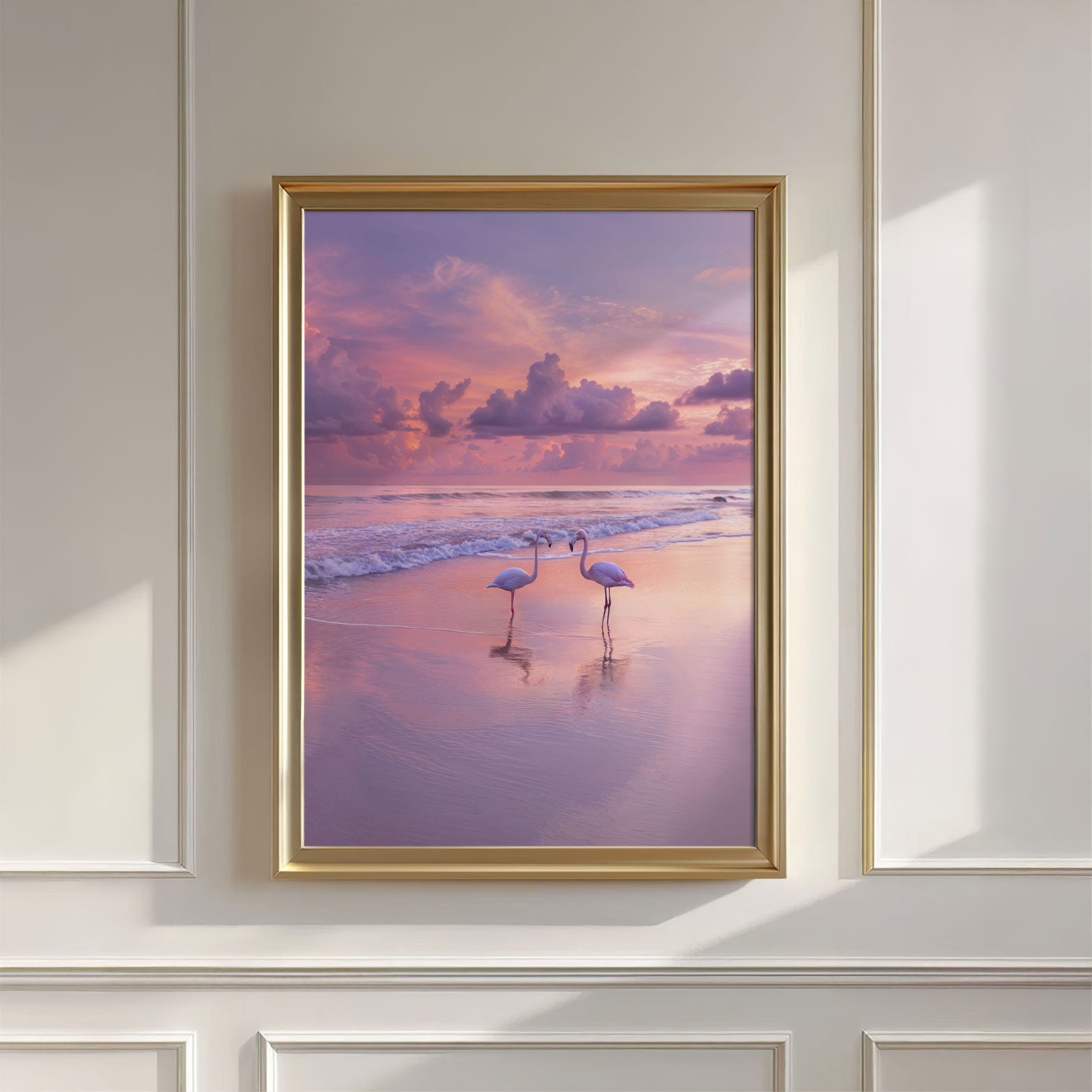 Pink Sunset Flamingo Beach, Vertical, Wall Art