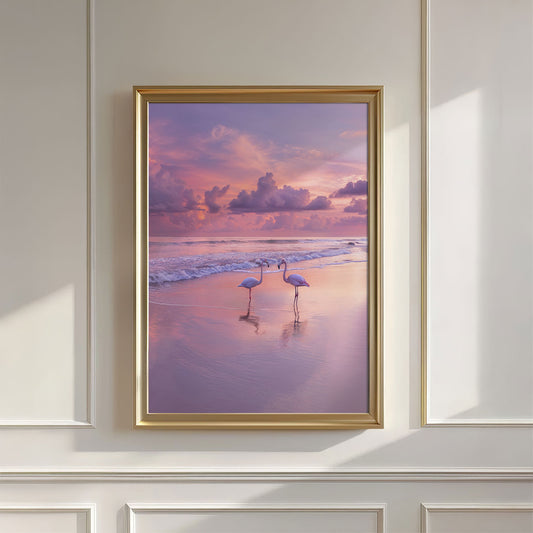 Pink Sunset Flamingo Beach, Vertical, Wall Art