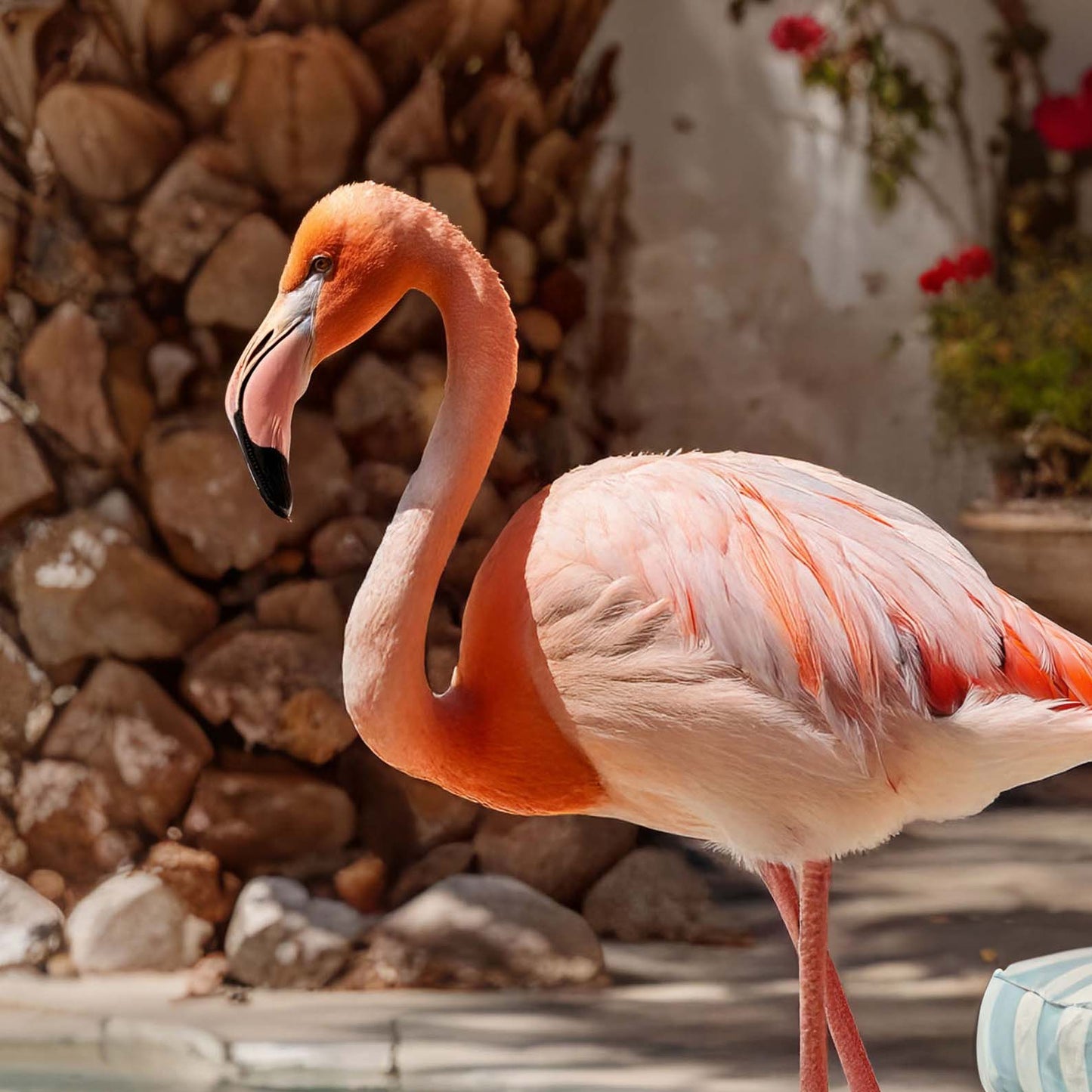 Extreme Close Up Detail Of Poolside Flamingos