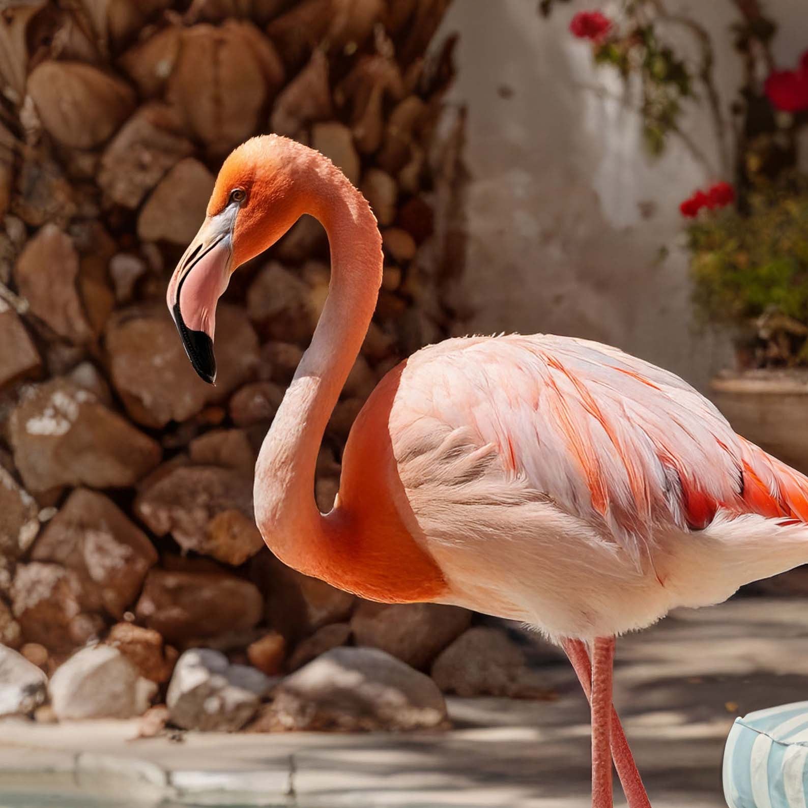 Extreme Close Up Detail Of Poolside Flamingos
