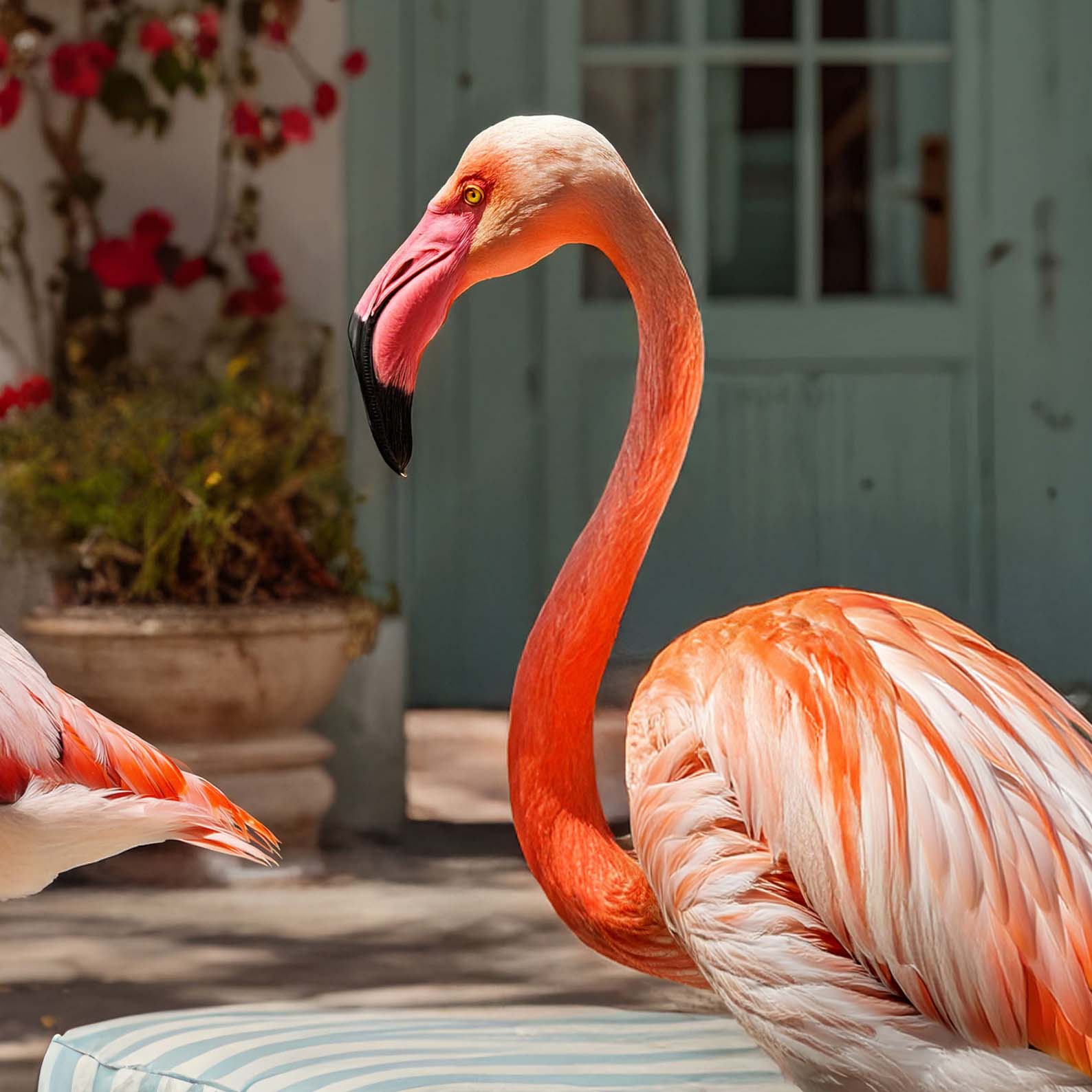 High Definition Print Quality Detail Of Poolside Flamingos