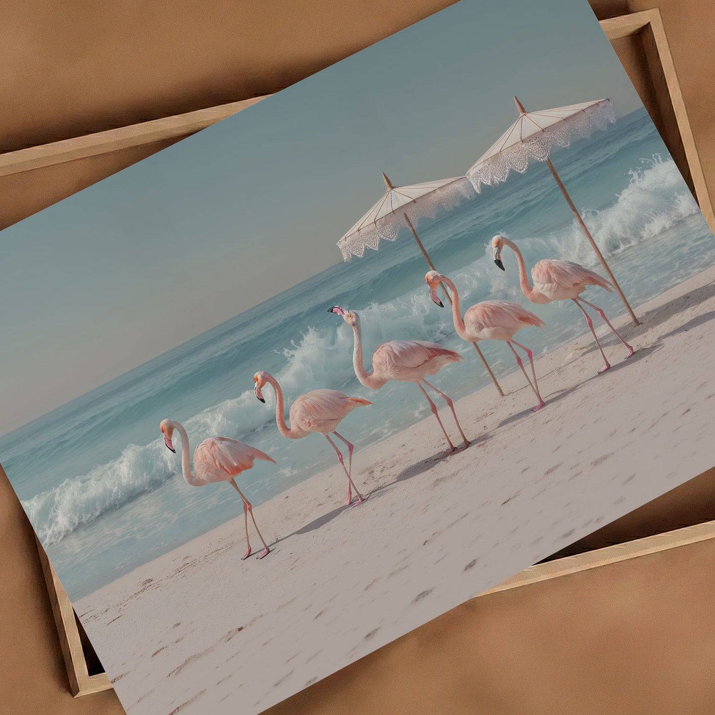 Retro Flamingo Beach, Horizontal, Art Print