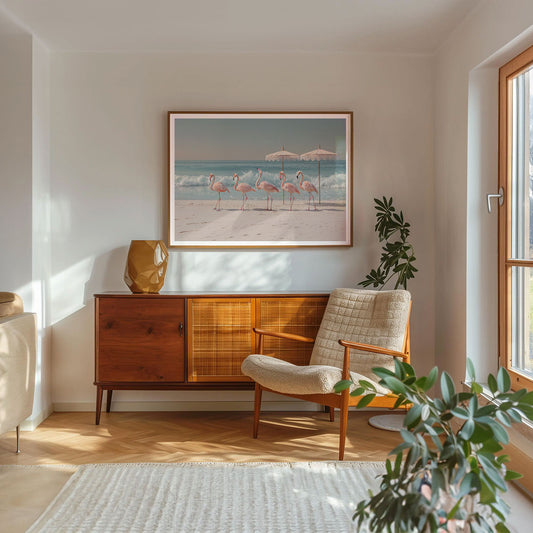 Retro Flamingo Beach, Horizontal, Framed Art