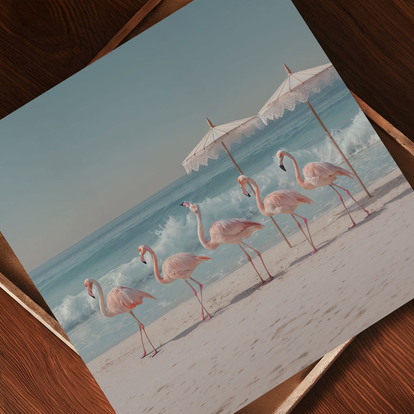 Retro Flamingo Beach, Square, Art Print