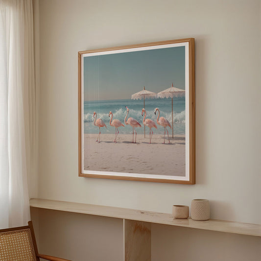 Retro Flamingo Beach, Square, Framed Art