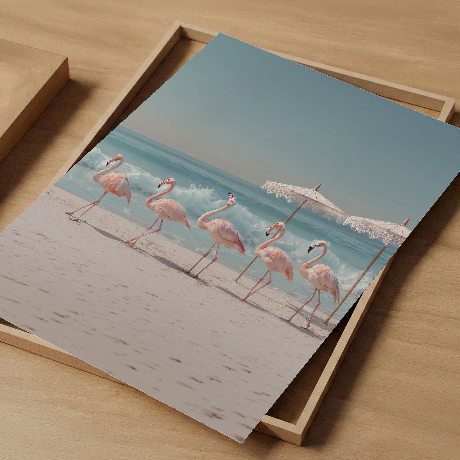 Retro Flamingo Beach, Vertical, Art Print