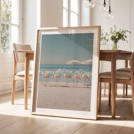 Retro Flamingo Beach, Vertical, Framed Art