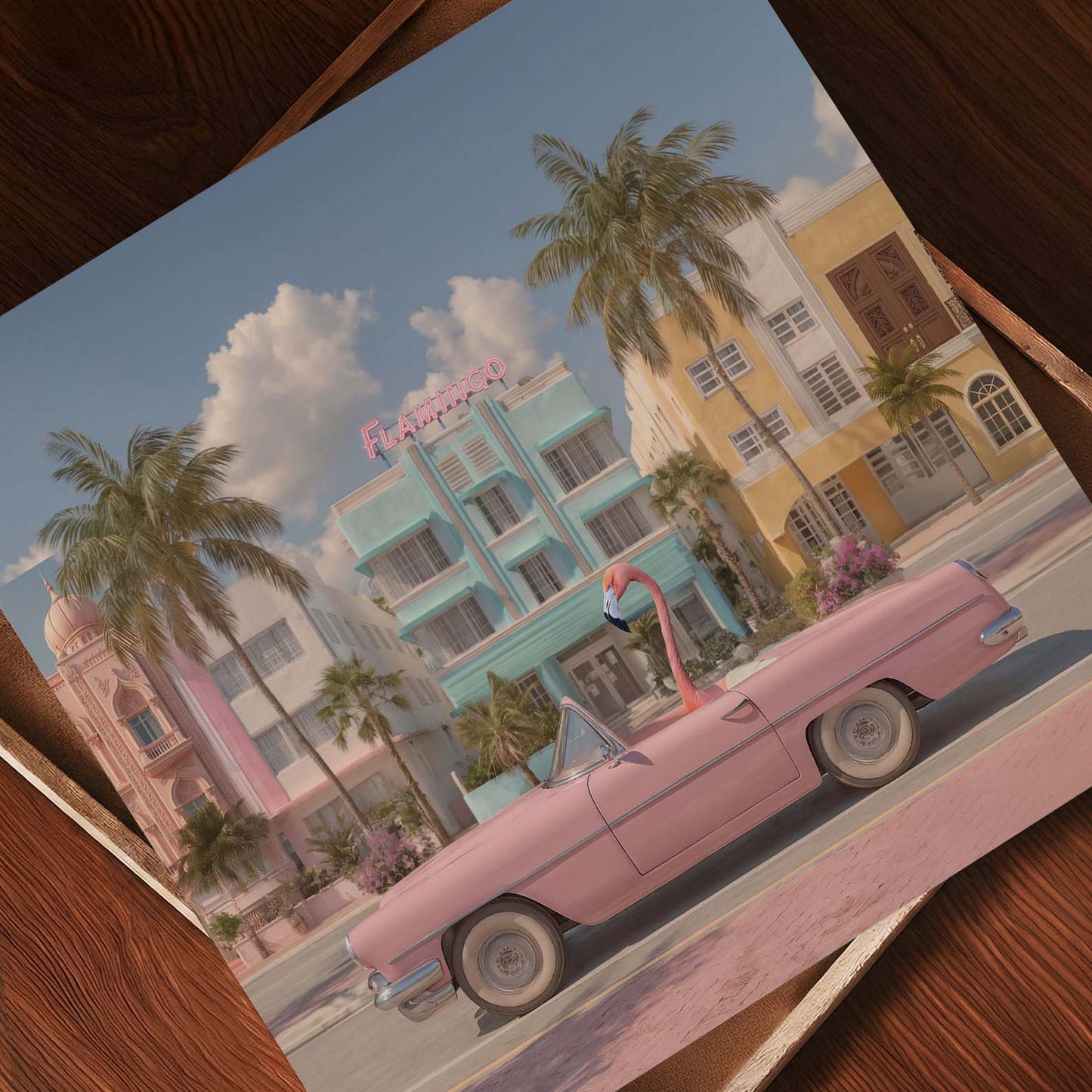 Retro Pink Flamingos, Square, Art Print