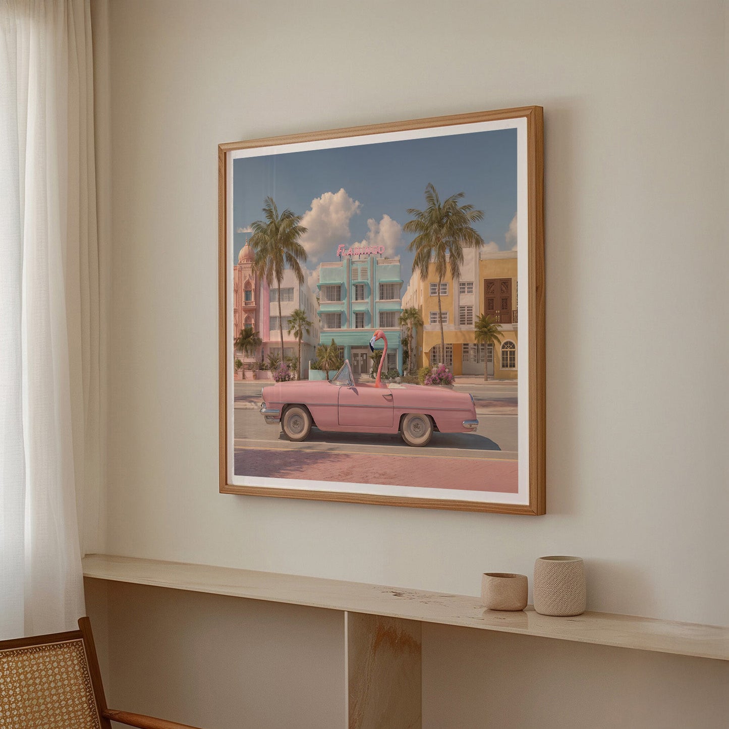Retro Pink Flamingos, Square, Framed Art