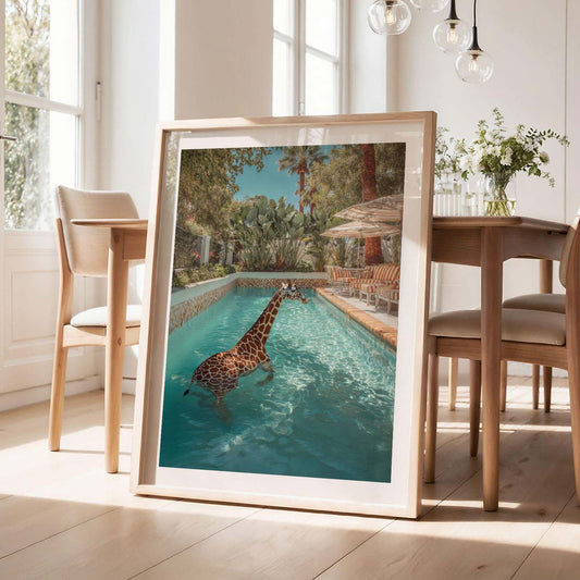 Retro Poolside Giraffes I, Vertical, Framed Art
