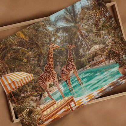 Retro Poolside Giraffes, Horizontal, Art Print