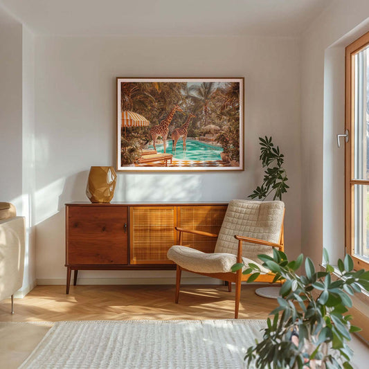 Retro Poolside Giraffes, Horizontal, Framed Art