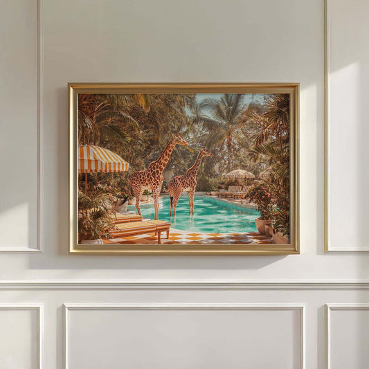 Retro Poolside Giraffes, Horizontal, Wall Art