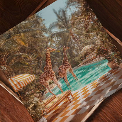 Retro Poolside Giraffes, Square, Art Print