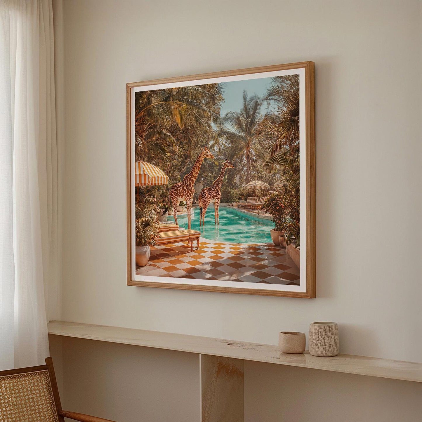 Retro Poolside Giraffes, Square, Framed Art