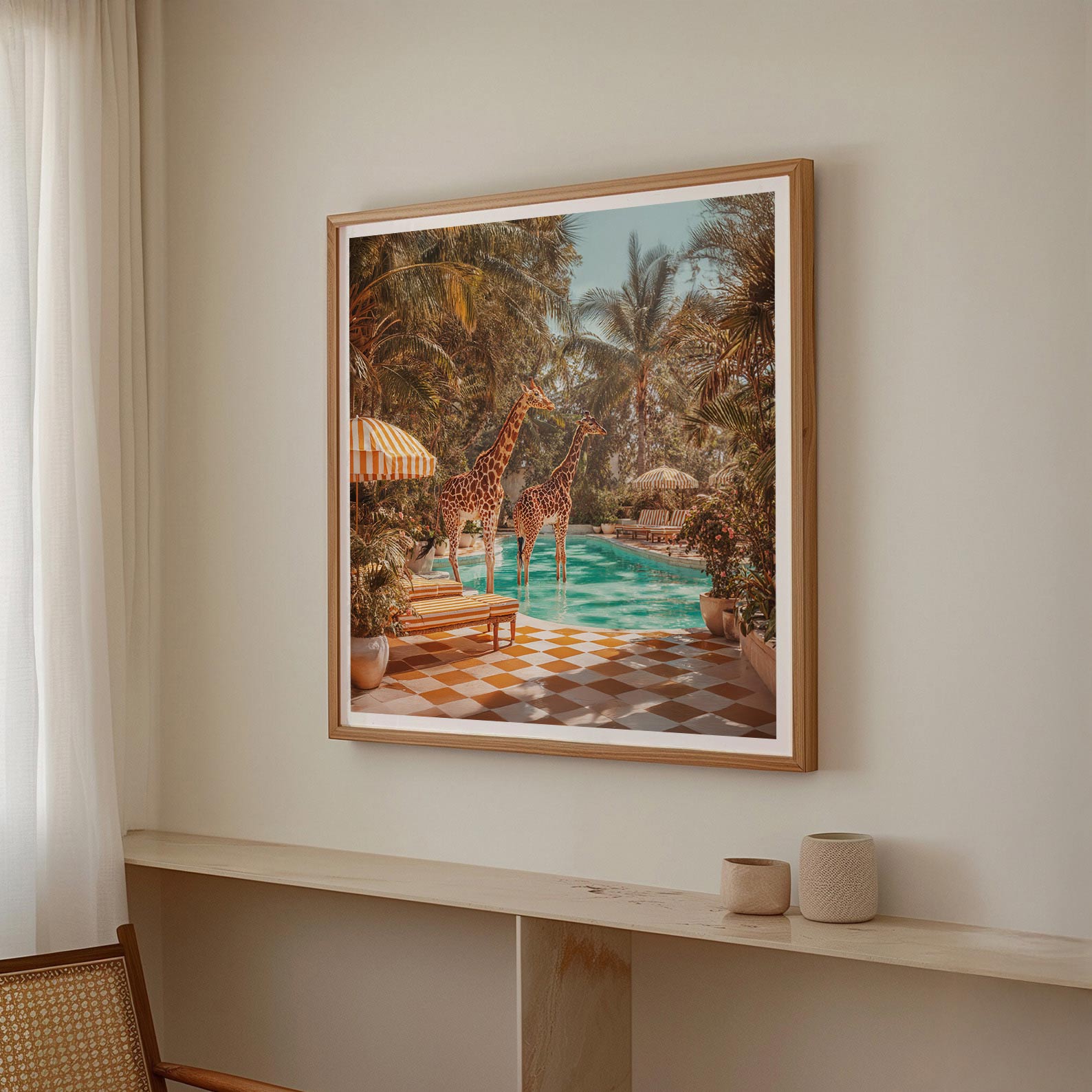 Retro Poolside Giraffes, Square, Framed Art
