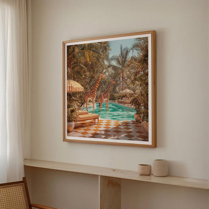 Retro Poolside Giraffes, Square, Framed Art