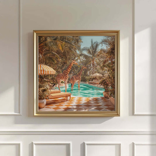 Retro Poolside Giraffes, Square, Wall Art