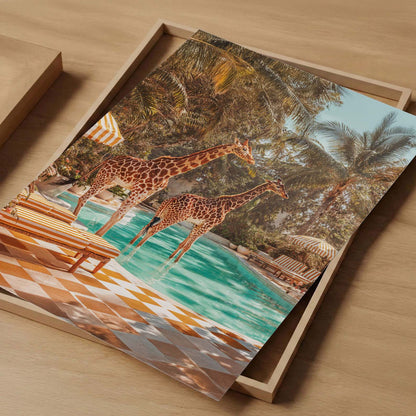 Retro Poolside Giraffes, Vertical, Art Print