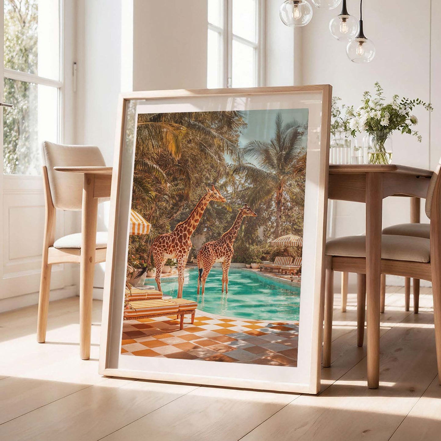 Retro Poolside Giraffes, Vertical, Framed Art