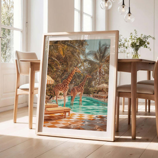 Retro Poolside Giraffes, Vertical, Framed Art