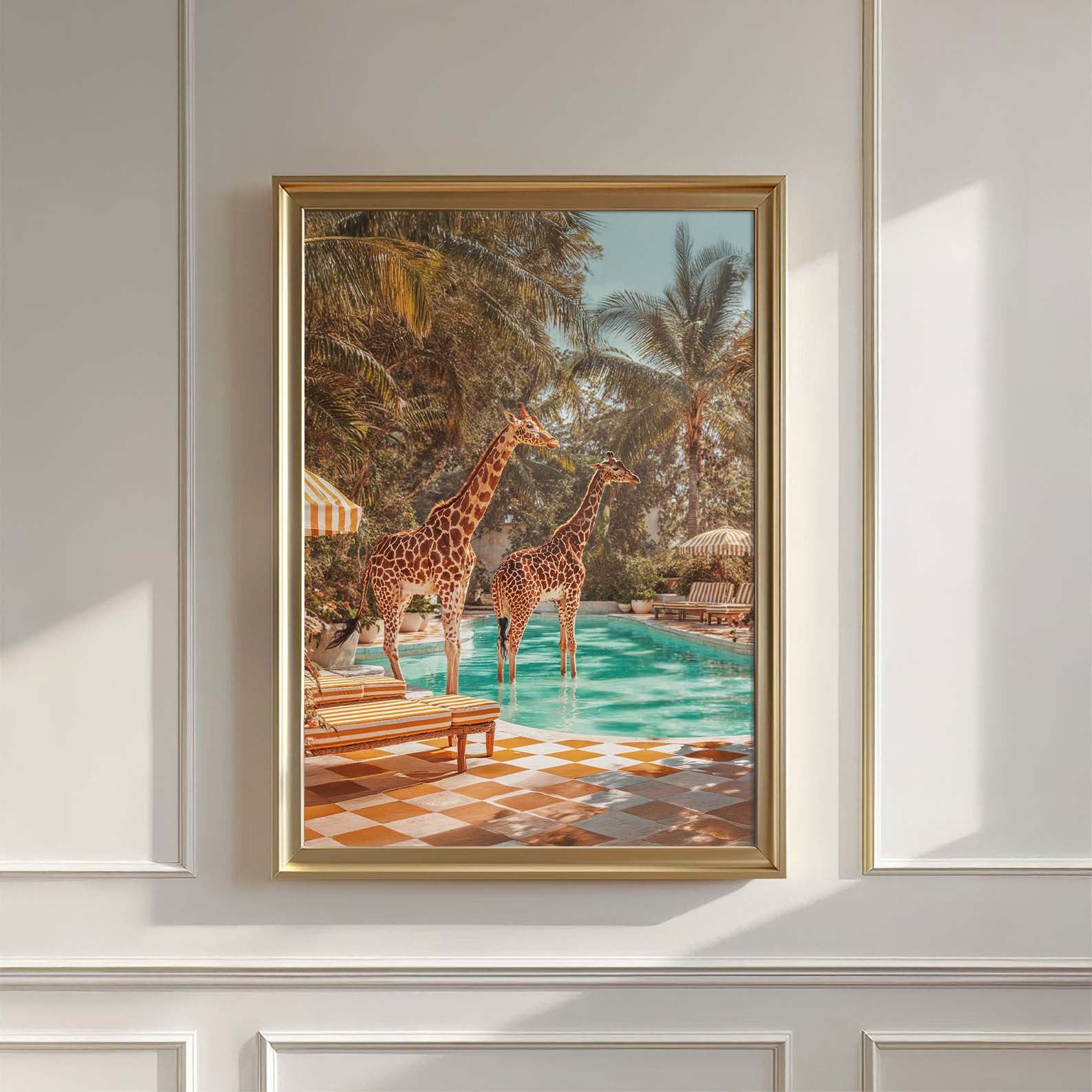 Retro Poolside Giraffes, Vertical, Wall Art