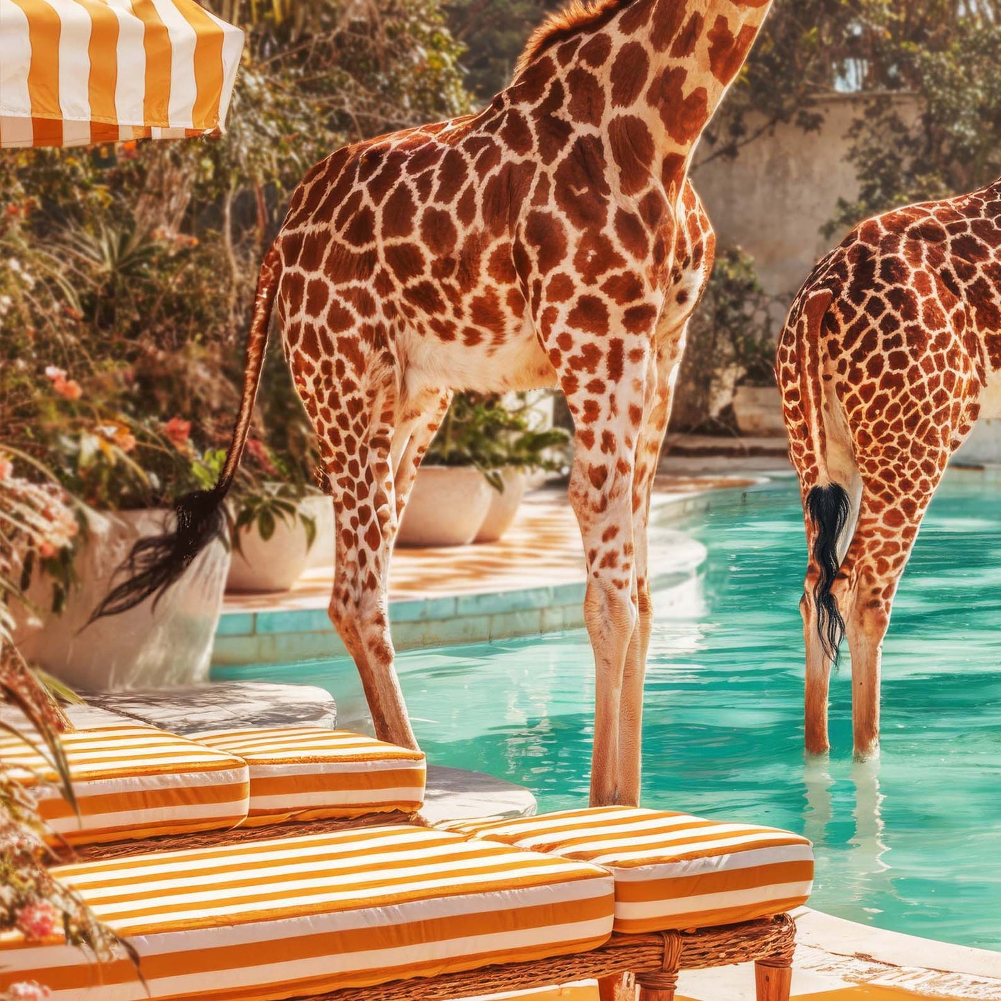 High Resolution Art Texture Of Retro Poolside Giraffes