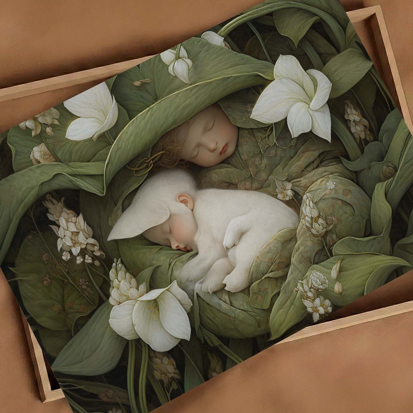 Art Print Showcase Of Sleeping Newborn In White Forest Blooms I, Horizontal