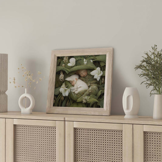 Framed Wall Art Of Sleeping Newborn In White Forest Blooms I, Square