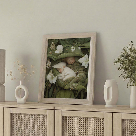 Framed Wall Art Of Sleeping Newborn In White Forest Blooms I, Vertical