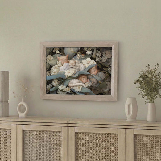 Framed Wall Art Of Sleeping Newborn In White Forest Blooms II, Horizontal