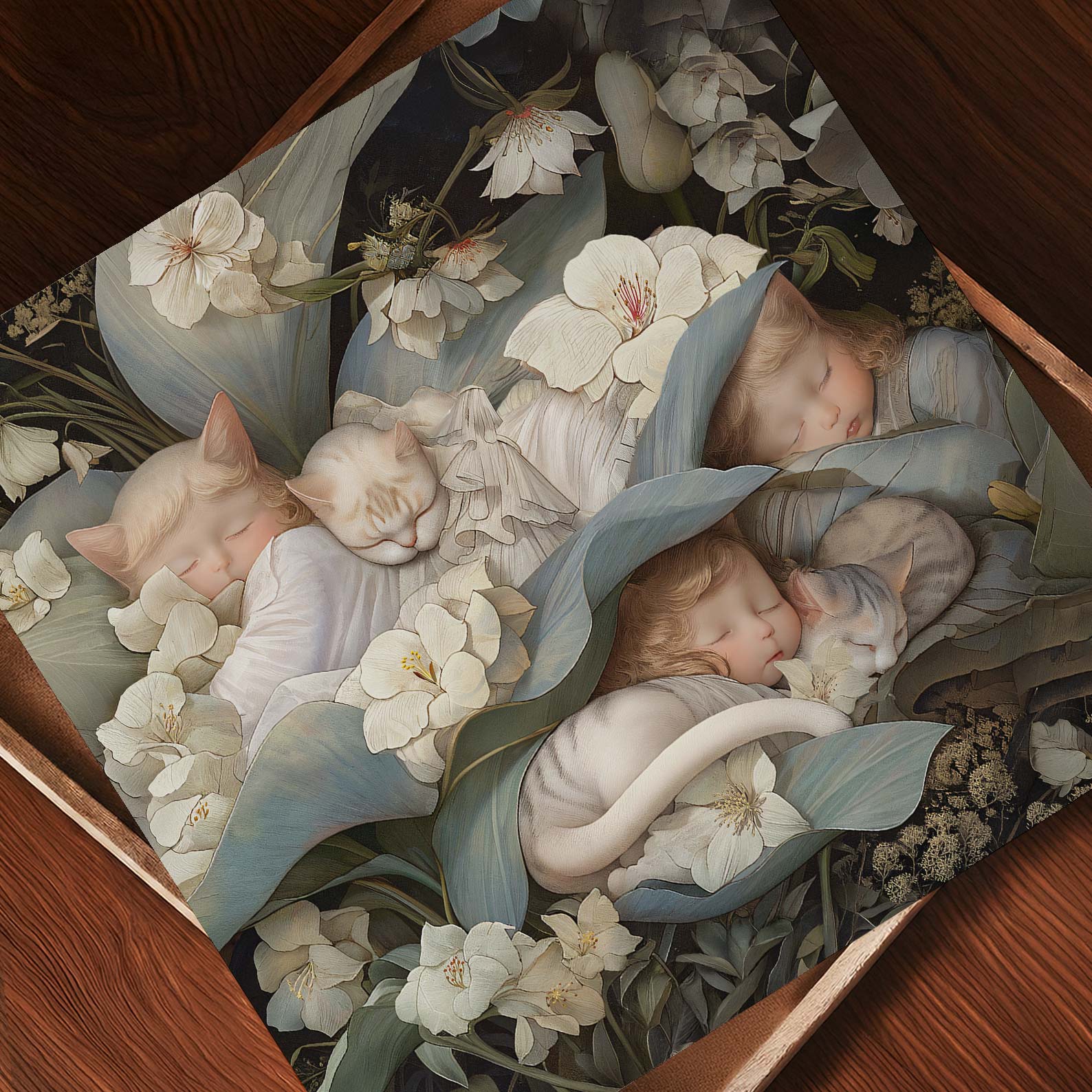 Art Print Showcase Of Sleeping Newborn In White Forest Blooms II, Square