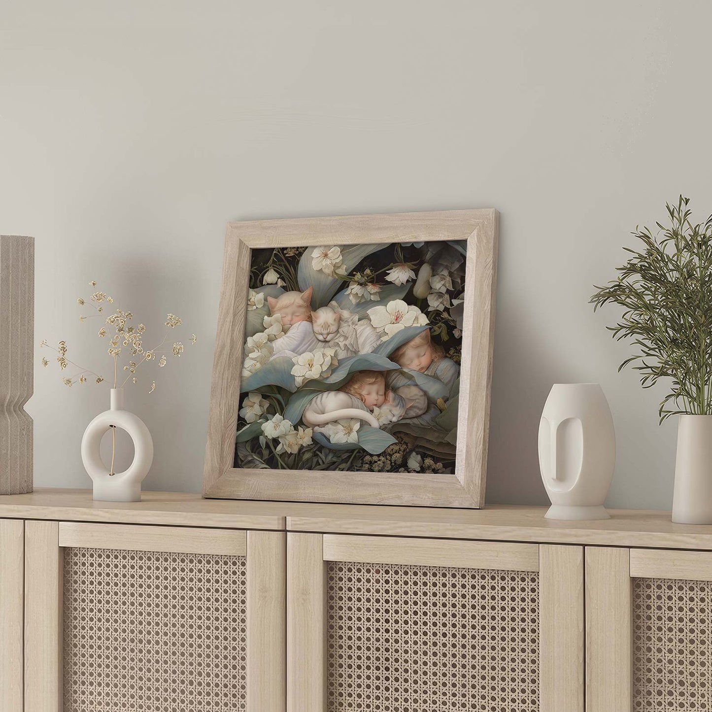 Framed Wall Art Of Sleeping Newborn In White Forest Blooms II, Square