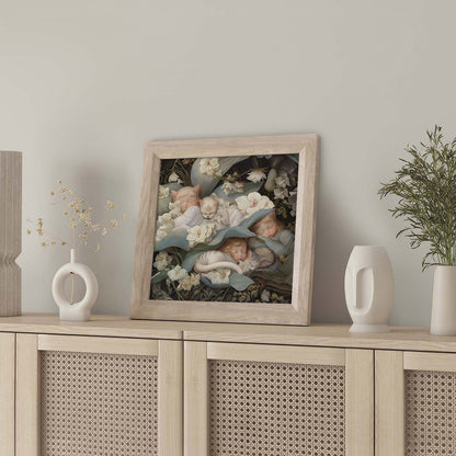 Framed Wall Art Of Sleeping Newborn In White Forest Blooms II, Square