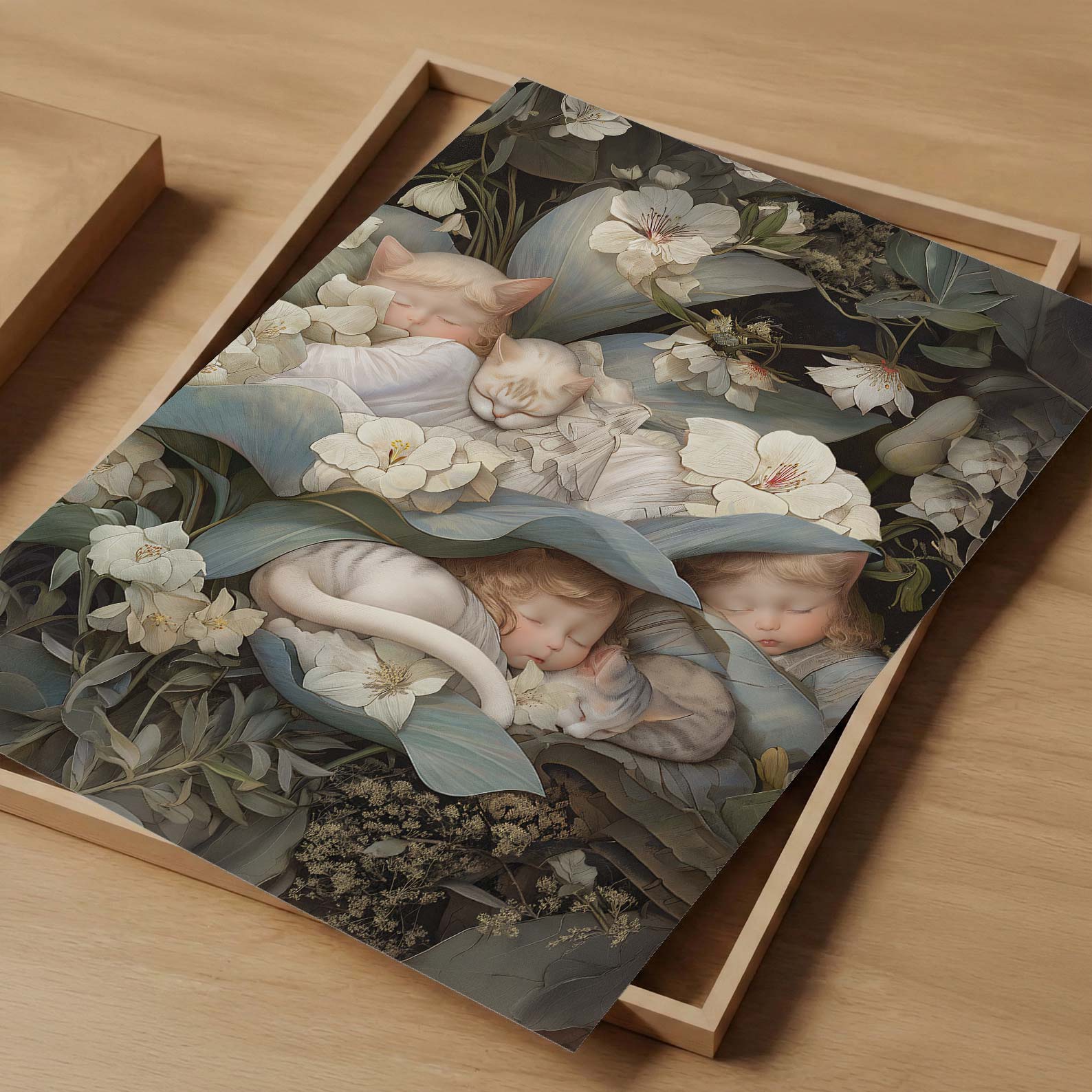 Art Print Showcase Of Sleeping Newborn In White Forest Blooms II, Vertical