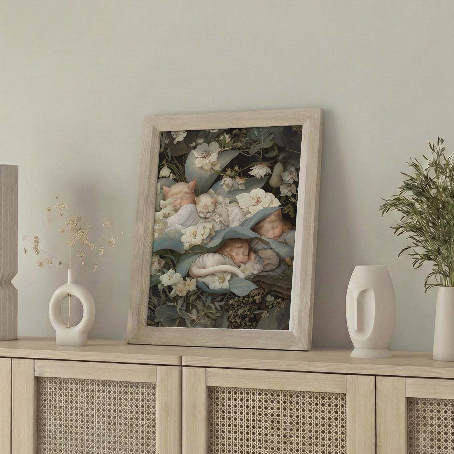 Framed Wall Art Of Sleeping Newborn In White Forest Blooms II, Vertical