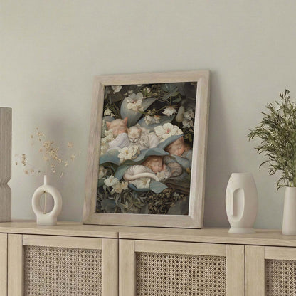 Framed Wall Art Of Sleeping Newborn In White Forest Blooms II, Vertical