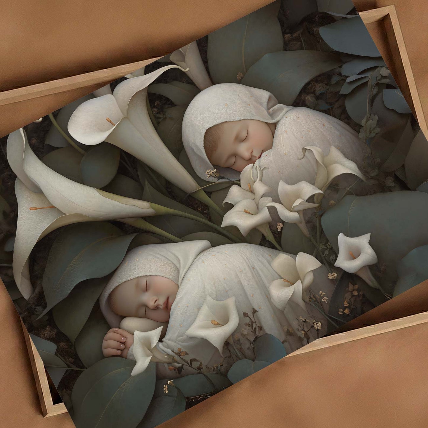 Art Print Showcase Of Sleeping Newborn In White Forest Blooms III, Horizontal