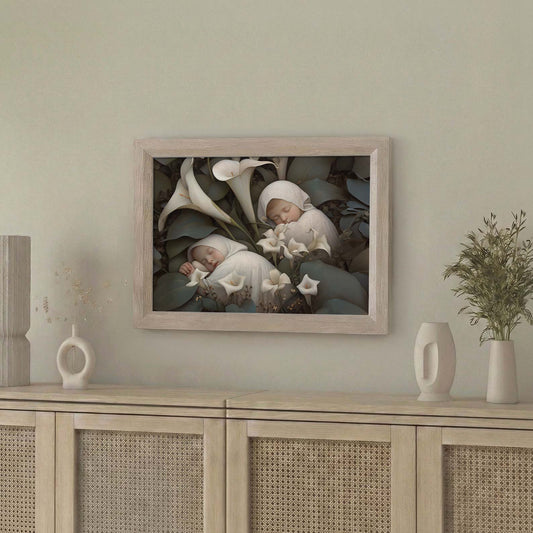 Framed Wall Art Of Sleeping Newborn In White Forest Blooms III, Horizontal