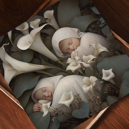 Art Print Showcase Of Sleeping Newborn In White Forest Blooms III, Square