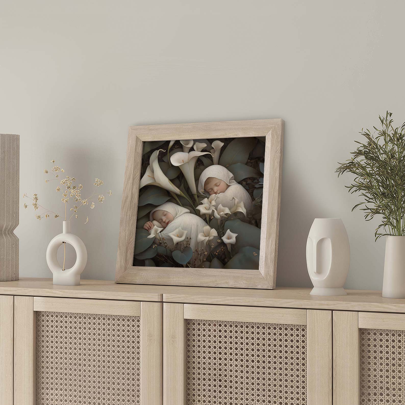 Framed Wall Art Of Sleeping Newborn In White Forest Blooms III, Square