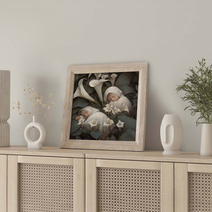 Framed Wall Art Of Sleeping Newborn In White Forest Blooms III, Square